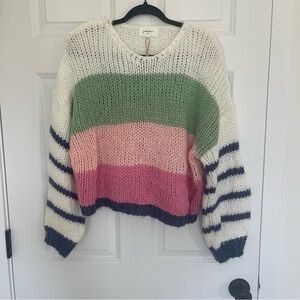 Cozy chunky knit Striped Sweater - White, Green, Pink, Navy